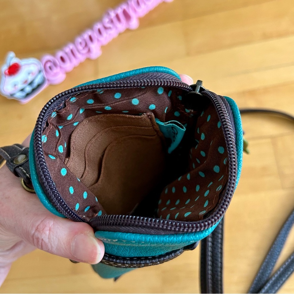 Chala Dragonfly Convertible Pouch, Purse, Crossbody Bag with Charms, Teal, Brown - Picture 7 of 17